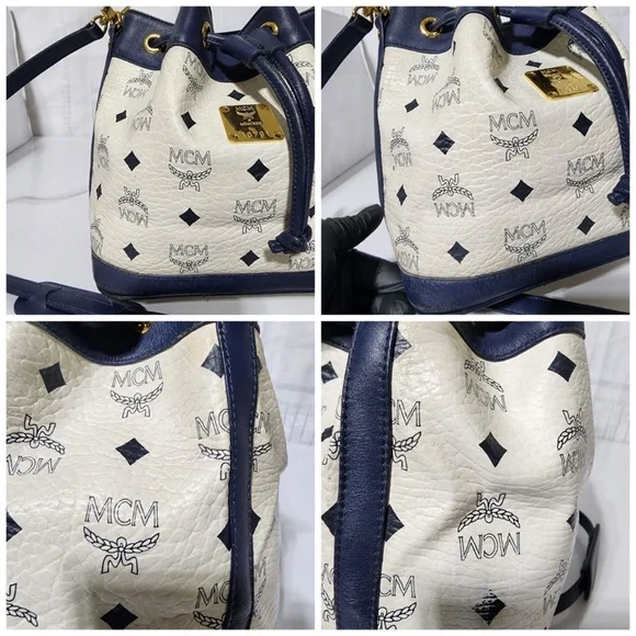 Authentic MCM 2way Visetos Small Drawstring Shoulder Bag White/Navy Blue - Picture 5 of 16
